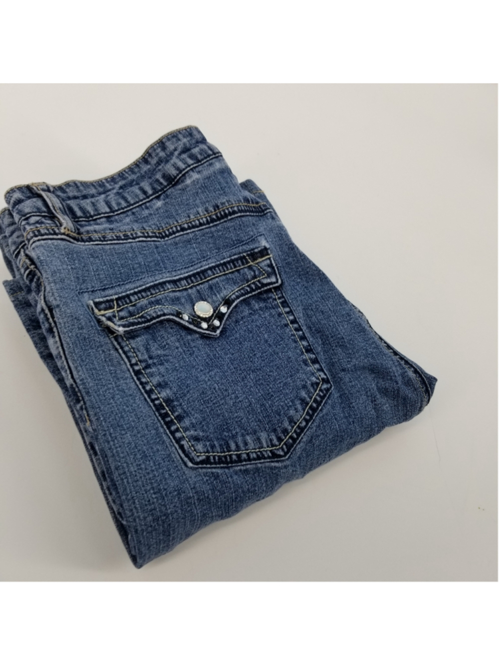 Ethyl Vintage Flare Jeans Size 8 Light Wash Snap Flap Back Pocket Low Rise